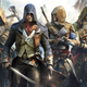 A group of hooded assassins carrying weapons stand together.